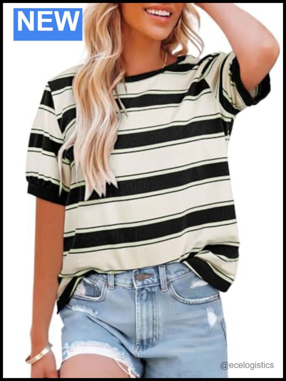 Striped Color Block Short Sleeve Crewneck T-Shirt Loose Fit Casual Tee